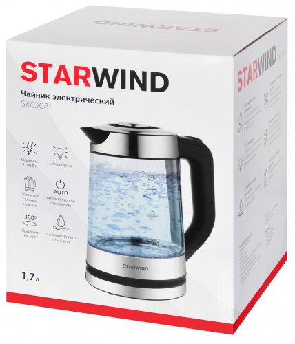 Чайник электрический Starwind SKG3081 1.7л. 1700Вт черный/серебристый (корпус: стекло) фото 6