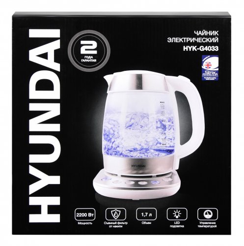 Чайник электрический Hyundai HYK-G4033 1.7л. 2200Вт белый/серебристый (корпус: стекло) фото 9