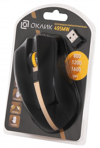 Мышь Оклик 495MW черный/золотистый оптическая (1600dpi) беспроводная USB для ноутбука (6but) фото 3