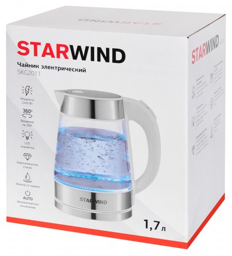 Чайник электрический Starwind SKG2011 1.7л. 2200Вт белый/серебристый (корпус: стекло) фото 8
