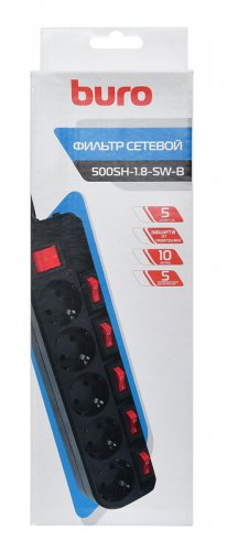 Сетевой фильтр Buro 500SH-1.8-SW-B 1.8м (5 розеток) черный (коробка) фото 3