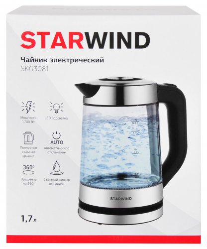 Чайник электрический Starwind SKG3081 1.7л. 1700Вт черный/серебристый (корпус: стекло) фото 7