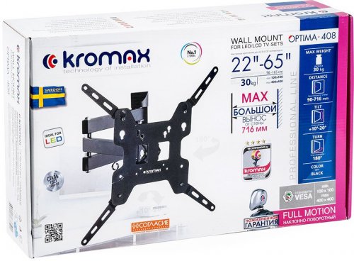 Кронштейн для телевизора Kromax OPTIMA-408 черный 22"-65" макс.30кг настенный поворотно-выдвижной и  фото 14