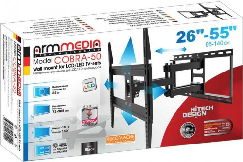 Кронштейн для телевизора Arm Media COBRA-50 черный 26"-55" макс.35кг настенный поворотно-выдвижной и фото 2