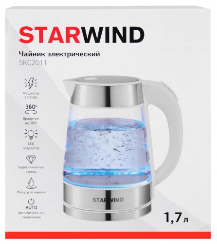 Чайник электрический Starwind SKG2011 1.7л. 2200Вт белый/серебристый (корпус: стекло) фото 9