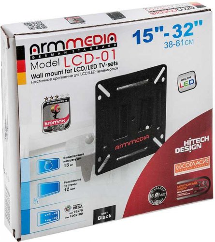 Кронштейн для телевизора Arm Media LCD-01 черный 15"-32" макс.15кг настенный фиксированный фото 4