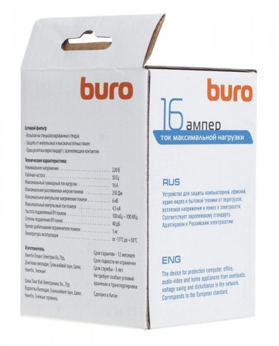 Сетевой фильтр Buro 100SH-Plus-W (1 розетка) белый (коробка) фото 2