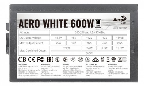Блок питания Aerocool ATX 600W AERO WHITE 80+ (24+4+4pin) APFC 120mm fan 5xSATA RTL фото 6